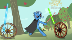 Size: 1920x1080 | Tagged: safe, artist:waterlooart, edit, trixie, pony, g4, bipedal, cloak, clothes, lightsaber, star wars, star wars: the force awakens, wheel, wheels trixie