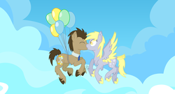 Size: 6369x3443 | Tagged: safe, artist:spitfire-sos, derpy hooves, doctor whooves, time turner, pegasus, pony, g4, balloon, female, kissing, male, mare, ship:doctorderpy, shipping, straight
