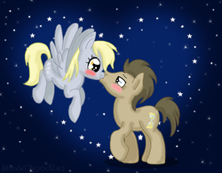 Size: 1280x1000 | Tagged: safe, artist:minkidoodles, derpy hooves, doctor whooves, time turner, pegasus, pony, g4, female, kissing, male, mare, ship:doctorderpy, shipping, stars, straight