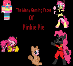 Size: 1138x1026 | Tagged: safe, alternate version, artist:embertwist, artist:flam3zero, artist:frostenstein, pinkie pie, g4, amy rose, bedroom eyes, black background, copy and paste, cosplay, crossover, looking back, many gaming faces, minecart skin, minecraft, mortal kombat, power-up, pyro (tf2), pyropinkie, scorpion (mortal kombat), simple background, sonic boom, sonic the hedgehog (series), super mario bros., super mario bros. 3, tanooki pie, tanooki suit, team fortress 2, vroom vroom