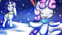 Size: 2560x1440 | Tagged: safe, artist:wolfy-pony, rarity, sweetie belle, g4, clothes, scarf, snow, snowfall, winter