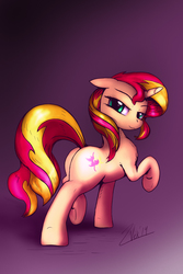 Size: 1024x1536 | Tagged: safe, artist:zoarvek, sunset shimmer, pony, unicorn, g4, bedroom eyes, butt, female, looking back, mare, newbie artist training grounds, plot, raised hoof, raised tail, solo, underhoof