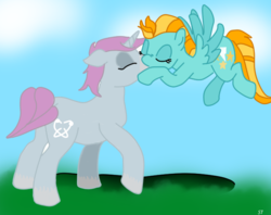 Size: 695x550 | Tagged: safe, artist:silver thread, lightning dust, oc, oc:suhosin, pegasus, pony, unicorn, g4, canon x oc, duo, eyes closed, female, kiss on the lips, kissing, mare