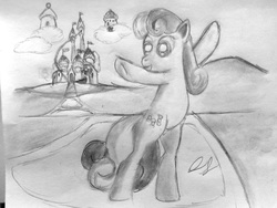 Size: 2560x1920 | Tagged: safe, artist:heromewtwo, artist:thegreatmewtwo, bon bon, sweetie drops, earth pony, pony, g4, bipedal, candy castle, candyland, dancing, female, monochrome, solo, traditional art