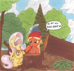 Size: 2334x2226 | Tagged: safe, artist:mohawkrex, applejack, fluttershy, cat, g4, axe, high res, lumberjack, timber, tree