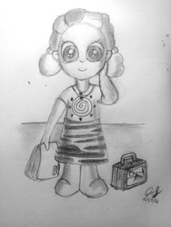 Size: 1920x2560 | Tagged: safe, artist:thegreatmewtwo, zecora, equestria girls, g4, curly hair, cute, female, grayscale, humanized, lunchbox, monochrome, smiling, solo, traditional art, younger, zecorable