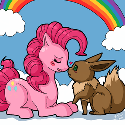 Size: 1000x1000 | Tagged: safe, artist:niwatori, pinkie pie, eevee, g4, cloud, crossover, cute, eyes closed, heart, pokémon, rainbow