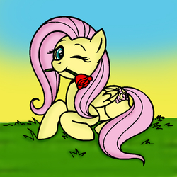 Size: 894x894 | Tagged: safe, artist:djmusicandcartoons, artist:megasweet, fluttershy, g4, female, mouth hold, prone, rose, smiling, solo, wink