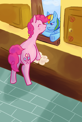 Size: 1378x2039 | Tagged: safe, artist:twizzle, pinkie pie, rainbow dash, g4, cute, female, kissing, lesbian, magical lesbian spawn, offspring, preggy pie, pregnant, ship:pinkiedash, shipping, sugarcube corner