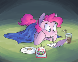 Size: 1354x1087 | Tagged: safe, artist:yeendip, pinkie pie, earth pony, pony, g4, 3ds, blanket, chocolate milk, cookie, female, food, glass, jelly beans, mouth hold, silly straw, solo, straw
