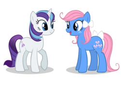 Size: 1000x712 | Tagged: safe, artist:agirl3003, bow tie (g1), glory, earth pony, pony, unicorn, ask glory and bowtie, g1, g4, duo, duo female, female, g1 to g4, generation leap, mare, simple background, transparent background