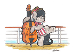Size: 1738x1296 | Tagged: safe, artist:bobthedalek, octavia melody, earth pony, pony, g4, bowtie, cello, clothes, dancing, female, hat, musical instrument, solo, straw hat, traditional art, waistcoat