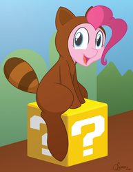 Size: 2550x3300 | Tagged: safe, artist:quarantinedchaoz, pinkie pie, g4, ? block, female, high res, mare, nintendo, open mouth, open smile, platformer, smiling, solo, super mario bros., super mario bros. 3, tanooki pie, tanooki suit