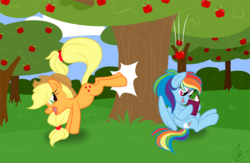 Size: 900x585 | Tagged: safe, artist:masqueadrift, applejack, rainbow dash, earth pony, pegasus, pony, g4, apple, apple/apples falling, applebucking, book, bucking, female, mare, reading, tree