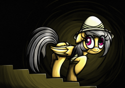 Size: 1754x1240 | Tagged: safe, artist:rambopvp, daring do, g4, female, hat, looking at you, mare, nervous, solo, stairs