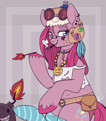 Size: 600x682 | Tagged: safe, artist:lulubell, pinkie pie, g4, bomb, cigarette, clothes, female, match, piercing, pinkamena diane pie, smoking, socks, solo, striped socks, tank girl