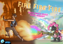 Size: 3508x2480 | Tagged: safe, artist:az-derped-unicorn, pinkie pie, g4, flamethrower, high res, meet the pyro, meet the x, pinkie pyro, pyro (tf2), rainblower, scout (tf2), team fortress 2, weapon