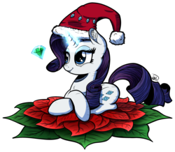 Size: 2956x2582 | Tagged: safe, artist:gray--day, rarity, g4, christmas, female, gem, hat, high res, levitation, magic, poinsettia, prone, santa hat, smiling, solo