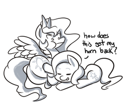 Size: 1280x1079 | Tagged: safe, artist:fauxsquared, princess celestia, trixie, earth pony, pony, tumblr:it's always sunny in canterlot, g4, angry, black and white, butt, earth pony trixie, grayscale, monochrome, plot, race swap, unamused