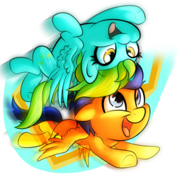 Size: 1500x1500 | Tagged: safe, artist:turrkoise, flash sentry, lightning dust, g4, backwards cutie mark, brother and sister, chibi, cute, diasentres, dustabetes, flying, headcanon, siblings