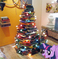 Size: 1806x1832 | Tagged: safe, twilight sparkle, alicorn, pony, g4, book, christmas tree, female, happy, irl, mare, open mouth, photo, ponies in real life, smiling, solo, tree, twilight sparkle (alicorn)