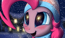 Size: 2350x1400 | Tagged: safe, artist:mrscroup, pinkie pie, g4, female, fireworks, hat, snow, snowfall, solo