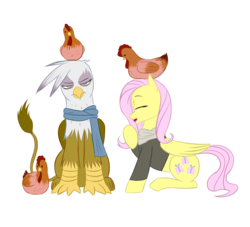 Size: 2200x2000 | Tagged: safe, artist:lordvader914, fluttershy, gilda, chicken, griffon, g4, clothes, french hens, high res, jacket, scarf, simple background, transparent background