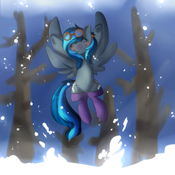 Size: 1024x1024 | Tagged: safe, artist:oddends, oc, oc only, oc:eternal feather, blushing, clothes, goggles, snow, snowfall, socks, solo, spread wings, wink