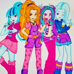 Size: 1536x1536 | Tagged: safe, artist:hanoi25201, adagio dazzle, aria blaze, sonata dusk, trixie, equestria girls, g4, my little pony equestria girls: rainbow rocks, drawing, the dazzlings, traditional art