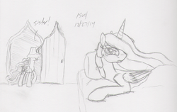 Size: 1218x768 | Tagged: safe, artist:slash-sun-slash, princess celestia, princess luna, g4, bed, celestiadoodle, hat, lampshade, lampshade hat, monochrome, traditional art