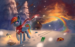 Size: 1920x1200 | Tagged: safe, artist:rain-gear, rainbow dash, pegasus, pony, g4, backwards cutie mark, clothes, female, lantern, mare, present, scarf, snow, snowfall, solo, winter