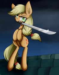 Size: 2270x2859 | Tagged: safe, artist:riouku, applejack, earth pony, pony, g4, female, high res, katana, mare, mouth hold, obari pose, solo, sword, weapon