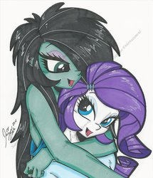 Size: 1024x1192 | Tagged: safe, artist:ponygoddess, rarity, oc, oc:sappho, equestria girls, g4, canon x oc, female, hair over one eye, hug, lesbian, shipping