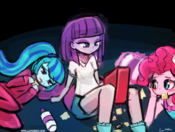 Size: 960x720 | Tagged: safe, artist:lumineko, boulder (g4), maud pie, pinkie pie, sonata dusk, equestria girls, g4, 30 minute art challenge, blushing, crackers, food