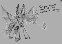 Size: 1280x910 | Tagged: safe, artist:rain-gear, nightmare moon, princess luna, bat pony, pony, g4, blushing, candle, cupcake, female, frown, glare, lunabat, magic, monochrome, race swap, solo, spread wings, telekinesis, tsundere, tsundere moon