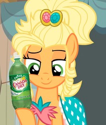 Size: 913x1079 | Tagged: safe, edit, edited screencap, screencap, applejack, earth pony, pony, g4, applejack also dresses in style, applejack is best facemaker, applejewel, canada dry, fancyjack, ginger ale, grin, looking at something, product placement, smiling, smirk