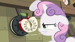 Size: 1280x720 | Tagged: safe, screencap, sweetie belle, pony, unicorn, g4, one bad apple, season 3, devious, evil smile, female, filly, floppy ears, foal, solo, timer