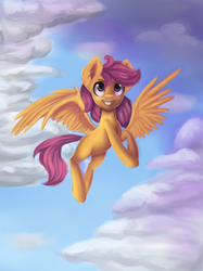 Size: 2437x3256 | Tagged: safe, artist:salatopony, scootaloo, g4, cloud, cloudy, female, flying, high res, scootaloo can fly, sky, solo