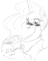 Size: 730x923 | Tagged: safe, artist:zev, princess celestia, g4, blushing, crying, grayscale, lip bite, monochrome, pizza, scrunchy face, sketch, spongebob squarepants, wavy mouth, wide eyes