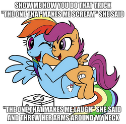 Size: 661x650 | Tagged: safe, artist:madmax, edit, rainbow dash, scootaloo, g4, bandaid, first aid kit, hug, image macro, just like heaven, meme, scootalove, simple background, song reference, the cure, white background
