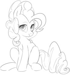 Size: 565x610 | Tagged: safe, artist:dotkwa, pinkie pie, g4, female, grayscale, looking at you, monochrome, sitting, smiling, solo