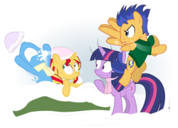 Size: 1050x760 | Tagged: safe, artist:dm29, flash sentry, sunset shimmer, trixie, twilight sparkle, alicorn, pegasus, pony, unicorn, g4, clothes, hat, scarf, simple background, snow, snowball, snowball fight, sweater, toque, transparent background, twilight sparkle (alicorn), wintertime