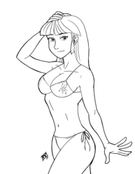 Size: 2550x3300 | Tagged: safe, artist:mono-phos, twilight sparkle, human, g4, bikini, clothes, female, high res, humanized, lineart, monochrome, pose, smiling, solo, swimsuit