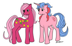 Size: 1000x640 | Tagged: safe, artist:lelunae, buttons (g1), up up and away, earth pony, pony, unicorn, g1, g4, cute, duo, female, g1 buttonbetes, g1 to g4, generation leap, mare, simple background, transparent background, twice as fancy, up up and awayabetes