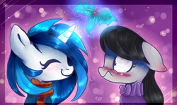 Size: 1037x618 | Tagged: safe, artist:baid-woo, dj pon-3, octavia melody, vinyl scratch, g4, blushing, female, floppy ears, holly, holly mistaken for mistletoe, lesbian, ship:scratchtavia, shipping