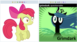 Size: 510x277 | Tagged: safe, apple bloom, queen chrysalis, derpibooru, g4, exploitable meme, juxtaposition, juxtaposition win, meme, meta, meta:grimdark, meta:questionable, shocked, spoilered, vector, wide eyes