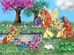 Size: 650x483 | Tagged: safe, artist:sapphire-light, baby liquorice, baby lollipop, oc, alicorn, pony, rabbit, raccoon, g1, alicorn oc, garden, gardening, twice as fancy ponies