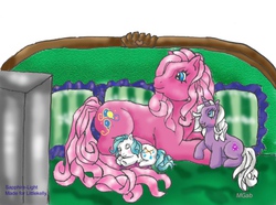 Size: 668x497 | Tagged: safe, artist:sapphire-light, pinkie pie, oc, pony, g3, g4, baby, baby pony, babysitting, television