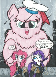 Size: 1205x1655 | Tagged: safe, artist:ponygoddess, pinkie pie, rarity, oc, oc:fluffle puff, g4, crossover, ghostbusters, stay puft marshmallow man, watermark