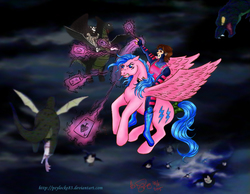 Size: 984x763 | Tagged: safe, artist:psylocke83, firefly, scorpan, dragon, human, pegasus, pony, stratadon, g1, rescue at midnight castle, card, crossover, female, gambit, humans riding ponies, magic, mare, riding, x-men